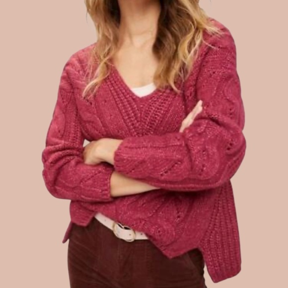 ANTHROPOLOGIE Acrylic Nylon Alpaca Blend Ramona Cable Knit V-Neck Sweater Sz S - Picture 1 of 12